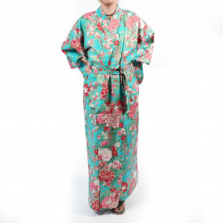 Kimono yukata traditionnel japonais turquoise en coton balles temari et pivoines pour femme