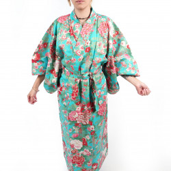 Japanischer traditioneller türkisfarbener Yukata-Kimono aus Baumwoll-Temari-Kugeln und Pfingstrosen für Frauen