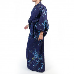 Kimono yukata de algodón azul tradicional japonés con flores de pájaro y ciruela para mujer