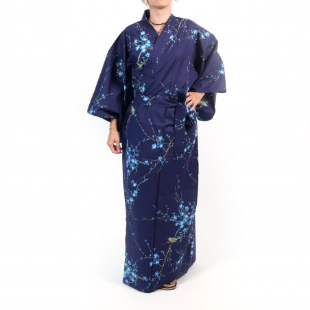 Kimono yukata de algodón azul tradicional japonés con flores de pájaro y ciruela para mujer