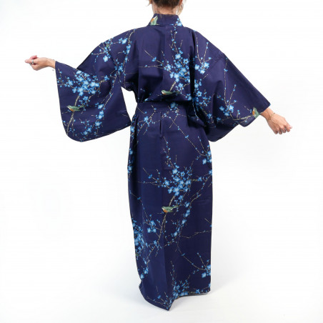 Kimono yukata de algodón azul tradicional japonés con flores de pájaro y ciruela para mujer