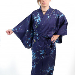 kimono yukata traditionnel japonais bleu en coton oiseau et fleurs prune pour femme