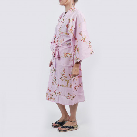 Japanischer traditioneller Happi Kimono rosa Baumwolle goldene Pflaumenblüten für Frauen