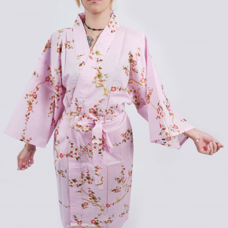 Kimono happi traditionnel japonais rose en coton motif fleurs prune dorée pour femme, HAPPI UME