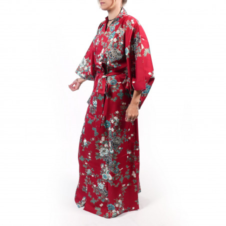 Kimono rouge traditionnel japonais pour femme pivoine et fleur de cerisier