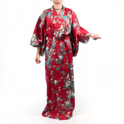 Kimono rojo tradicional japonés para mujer con peonía y flor de cerezo