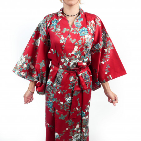 Kimono rouge traditionnel japonais pour femme pivoine et fleur de cerisier