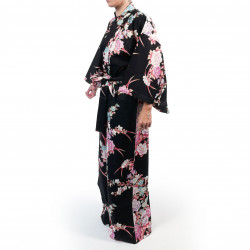 Kimono nero tradizionale giapponese in cotone satinato con motivo peonie e crisantemi da donna, KIMONO BOTAN TO KIKU