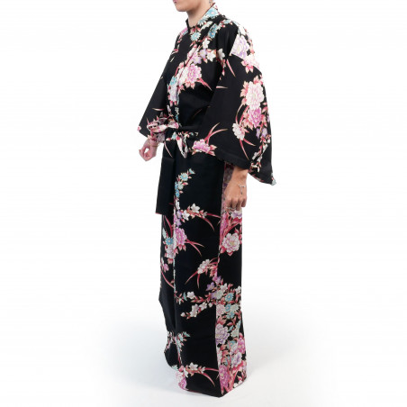 Kimono negro tradicional japonés en algodón satinado con estampado de peonía y crisantemo para mujer, KIMONO BOTAN TO KIKU