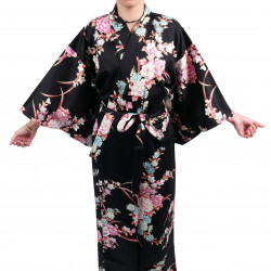 Japanischer traditioneller schwarzer Kimono aus Baumwollsatin mit Pfingstrosen- und Chrysanthemenmuster für Damen, KIMONO BOTAN 