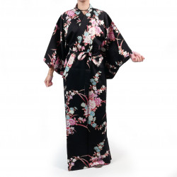 Kimono negro tradicional japonés en algodón satinado con estampado de peonía y crisantemo para mujer, KIMONO BOTAN TO KIKU