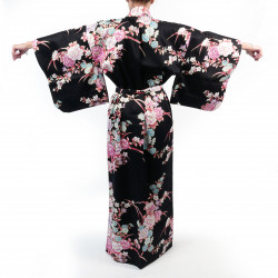 Japanischer traditioneller schwarzer Kimono aus Baumwollsatin mit Pfingstrosen- und Chrysanthemenmuster für Damen, KIMONO BOTAN 