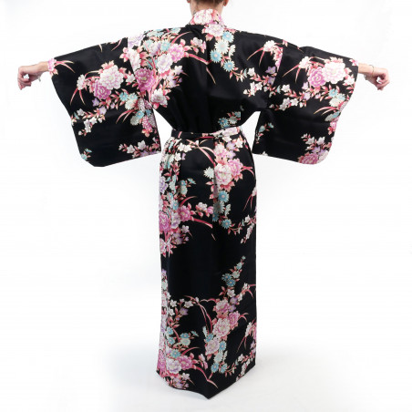 Kimono negro tradicional japonés en algodón satinado con estampado de peonía y crisantemo para mujer, KIMONO BOTAN TO KIKU