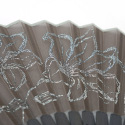 Japanese black fan in polyester and bamboo with lily pattern, LILI, 20.5cm