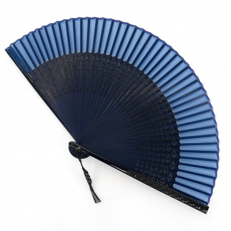 Abanico japonés de seda azul con plástico decorado con ondas, SEIGAIHA, 22cm