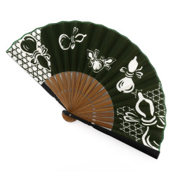 Japanese green cotton and bamboo fan with gourd motif, HYOTAN, 21cm