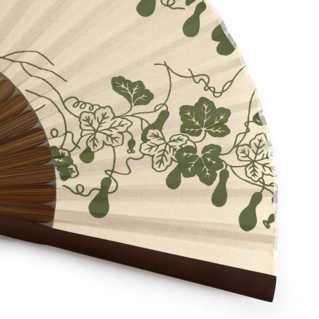 Japanese beige polyester and bamboo fan with gourd motif, HYOTAN, 22cm