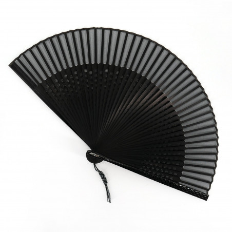 Éventail japonais noir en soie avec plastique décoré d'un damier, ICHIMATSU, 22cm