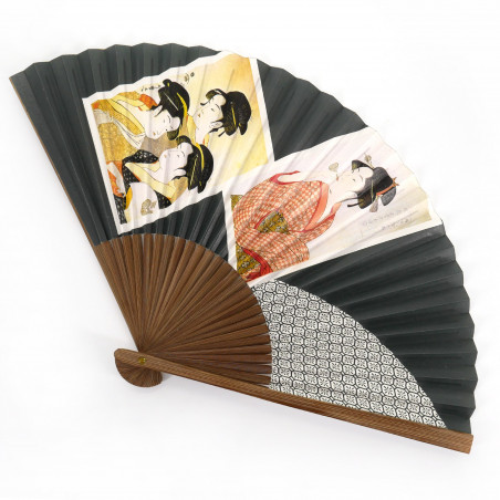 Abanico japonés gris en papel y estampado de bambú estampados japoneses Ukiyo-e, UTAMARO, 22,5cm