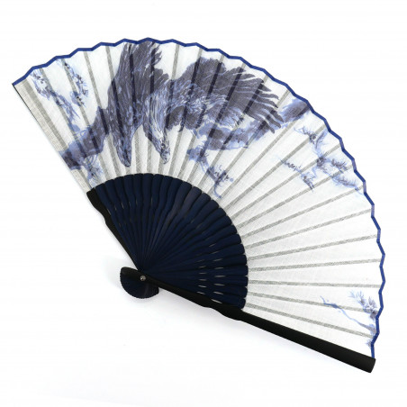 Japanese blue cotton and bamboo fan with traditional falcon pattern, TAKA, 22cm