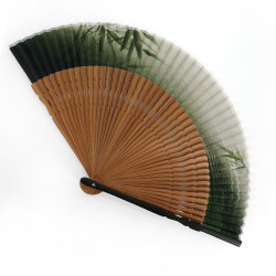 Japanese green fan in polyester and bamboo, bamboo pattern, TAKE, 22cm