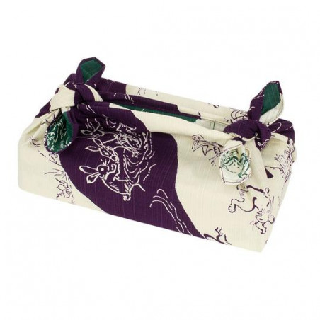 Japanese reversible furoshiki in purple and green cotton with monkey and rabbit pattern, CHOJU JINBUTSU GIGA, 48 x 48 cm