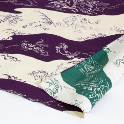 Furoshiki japonais reversible en coton violet et vert motif singe et lapin, CHOJU JINBUTSU GIGA, 48 x 48 cm