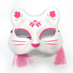 Japanische Halbmaske weiß-rosa Katze mit Kirschblütenmuster, NEKOMASUKU