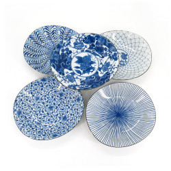 set de 5 assiettes rondes japonaises, AIE KAWARI, bleu et blanc