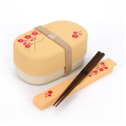 Boîte à repas Bento japonaise ovale orange motif fleur de prunier avec une paire de baguettes assortie, UME, 15.5cm