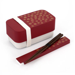 Fiambrera bento japonesa rectangular roja con flores de ciruela doradas y su par de palillos a juego, UMEFUMI, 15,4cm