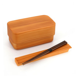 Braune rechteckige japanische Bento-Lunchbox mit Holzmuster und passendem Paar Essstäbchen, WAPPA, 15,4 cm