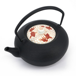 Japanese prestige cast iron round teapot with ceramic lid, CHÛSHIN KÔBÔ HIRATSUBO, Goldfish