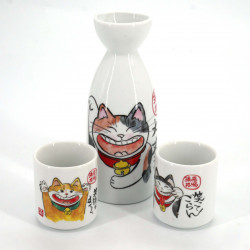 Japanese traditional sake service, 2 cups and 1 bottle, NEKO