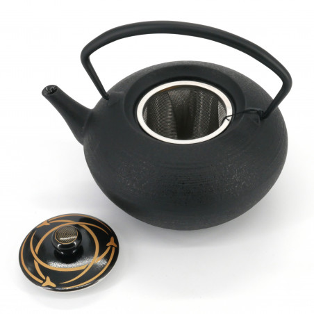 Small round Japanese prestige cast iron teapot, CHÛSHIN KÔBÔ HIRATSUBO, KAMON, 0.7 L