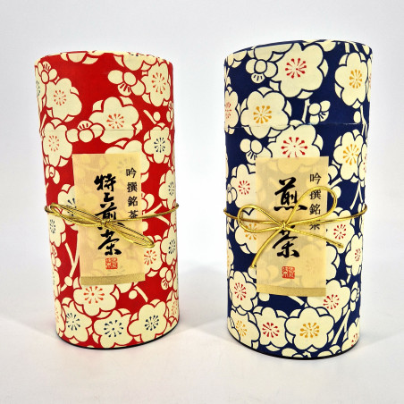 Duo de boîtes à thé japonaises bleu et rouge recouvertes de papier washi, UMEROMAN, 200 g