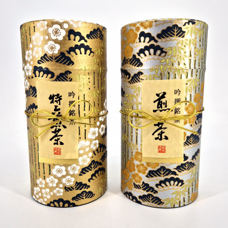 Duo of Japanese gold and silver tea canisters covered with washi paper, TAKESHIRABE, 200 g