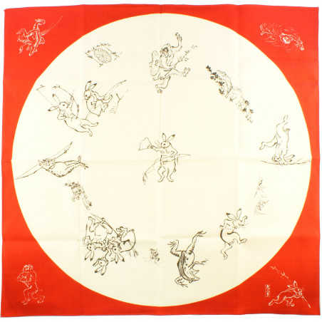 red japanese furoshiki Chōjū-jinbutsu-giga