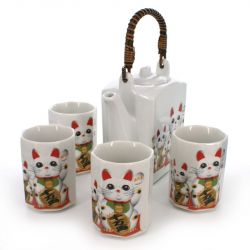 Japanese tea set - 1 teapot and 4 cups, NEKO, manekineko