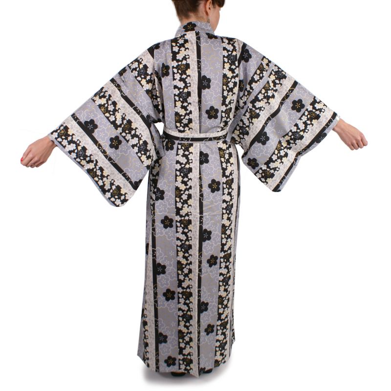 Japanischer schwarzer Kimono aus Baumwolle, TATESHIMA-NI-SAKURA, schwarz