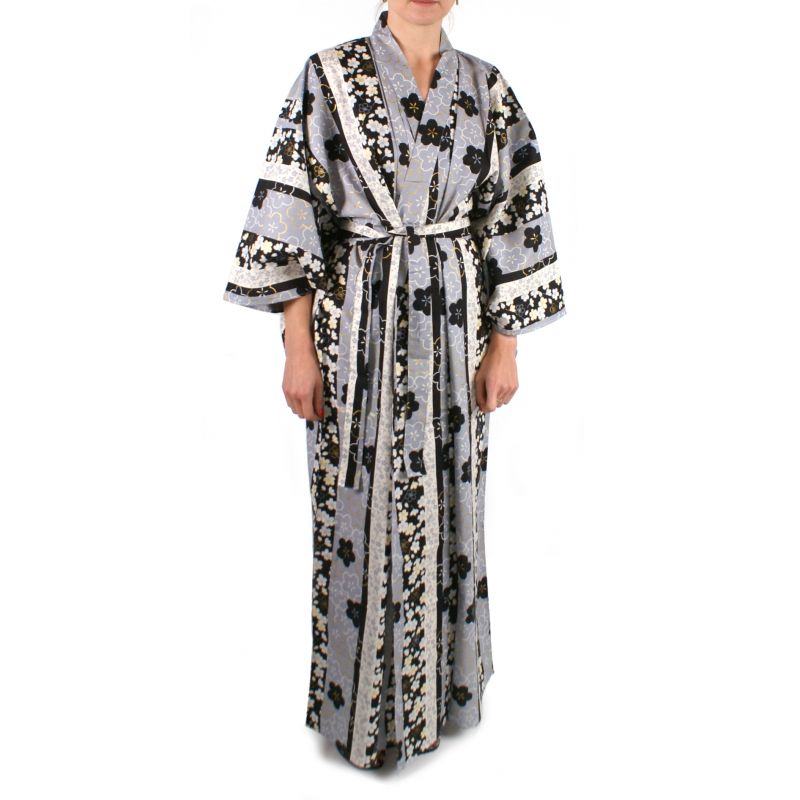 Japanischer schwarzer Kimono aus Baumwolle, TATESHIMA-NI-SAKURA, schwarz