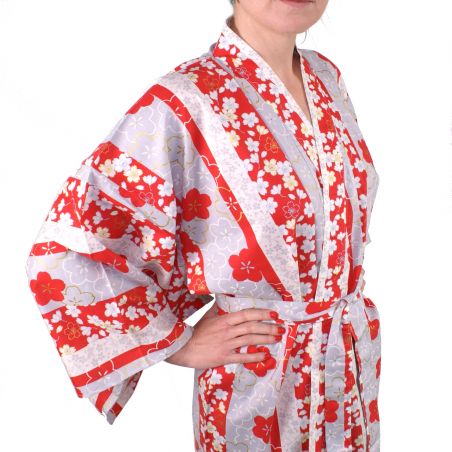 Kimono de algodón rojo japonés, TATESHIMA-NI-SAKURA, roja