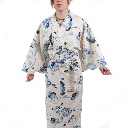 White cotton kimono for women - MARU NI TSURU
