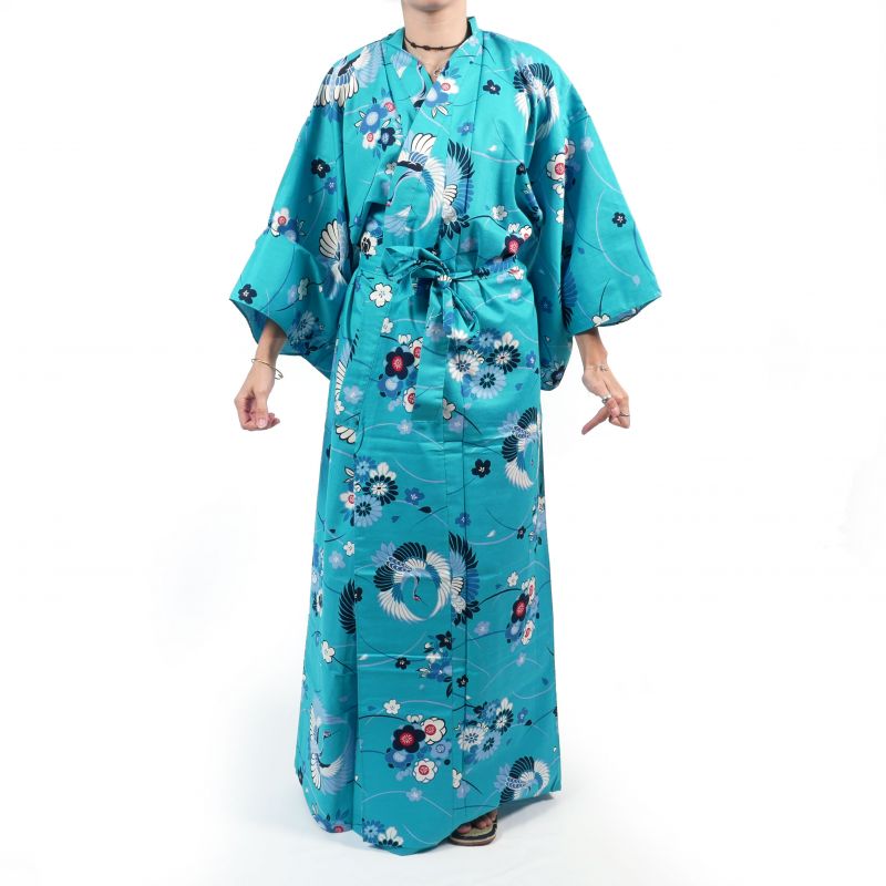 Blue cotton kimono for women - MARU NI TSURU