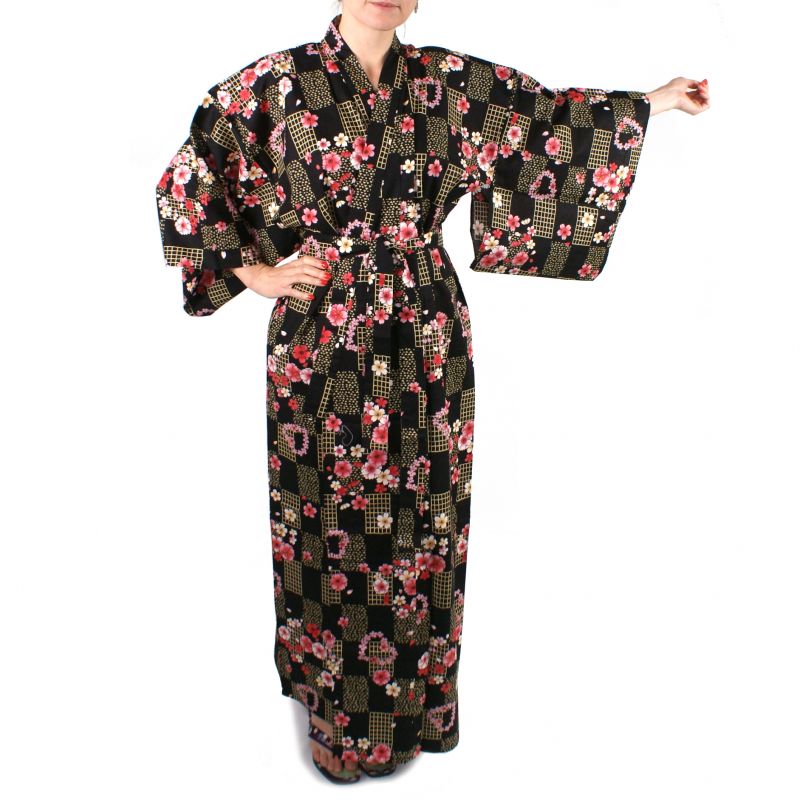 Black cotton kimono Women KOMONICHIMATSU-NI-SAKURA