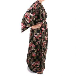 Kimono de algodón negro japonés, KOMONICHIMATSU-NI-SAKURA, negro