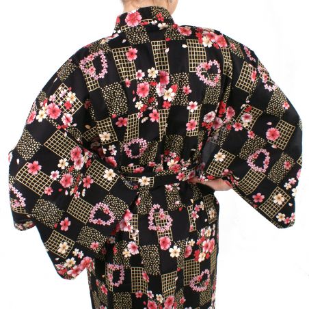 Japanischer schwarzer Kimono aus Baumwolle, KOMONICHIMATSU-NI-SAKURA, schwarz