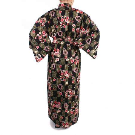 Kimono de algodón negro japonés, KOMONICHIMATSU-NI-SAKURA, negro