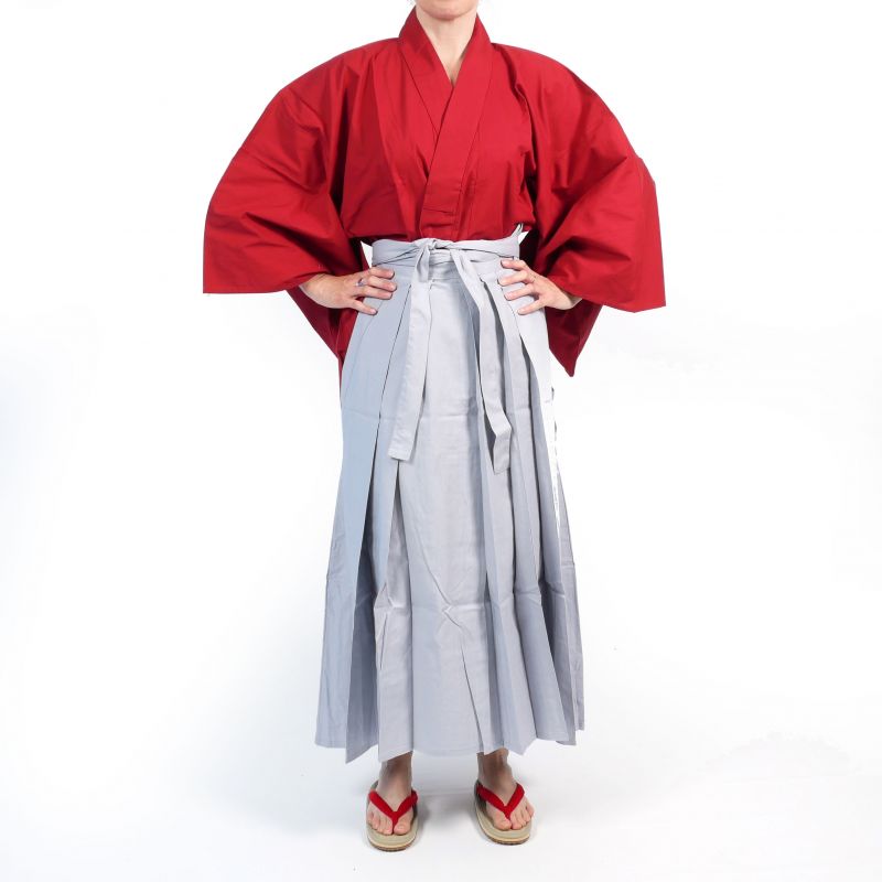 Japanese red and gray cotton Kendogi and Hakama - SAMURAI SET