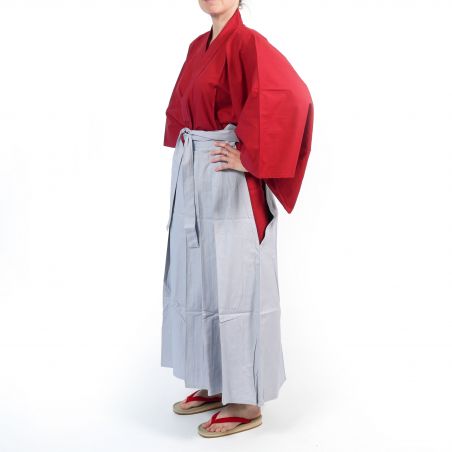 Kendogi et Hakama japonais rouge et gris en coton - SAMURAI SET